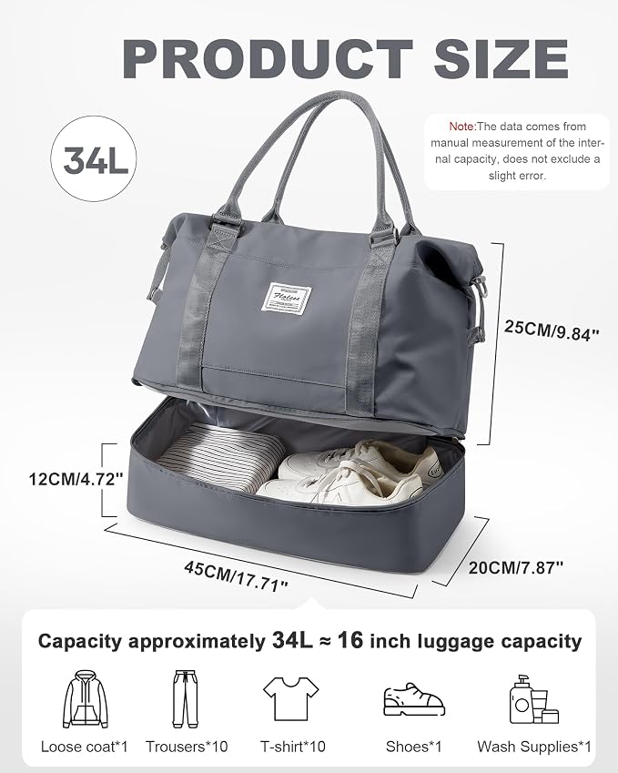 Spirit Travel Duffel - 18x14x8 Inches Weekender Overnight Bag with Shoes Compartment, Trolley Sleeve & Carry On for Airplanes, Sport Tote Gym Bag - Grey