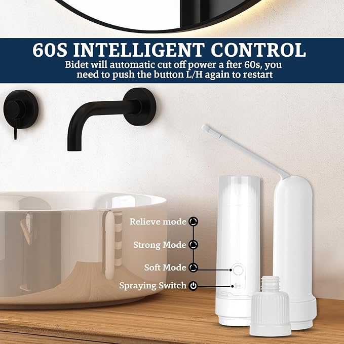 ( 180ml ) PureStream Portable Bidet for Travel – USB-C Rechargeable Handheld Sprayer with Bottle Adapter, 180° Foldable Nozzle, Adjustable Pressure Modes, Waterproof, for Men and Women (White)