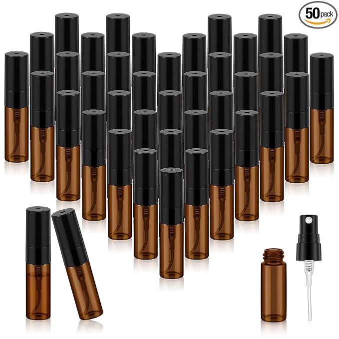 Zhehao 50 Pcs Mini Spray Bottles 3ml Clear Glass Perfume Bottles Refillable Fine Mist Perfume Atomizer Portable Empty Sample Containers for Cleaning, Essential Oils, Travel (Amber)