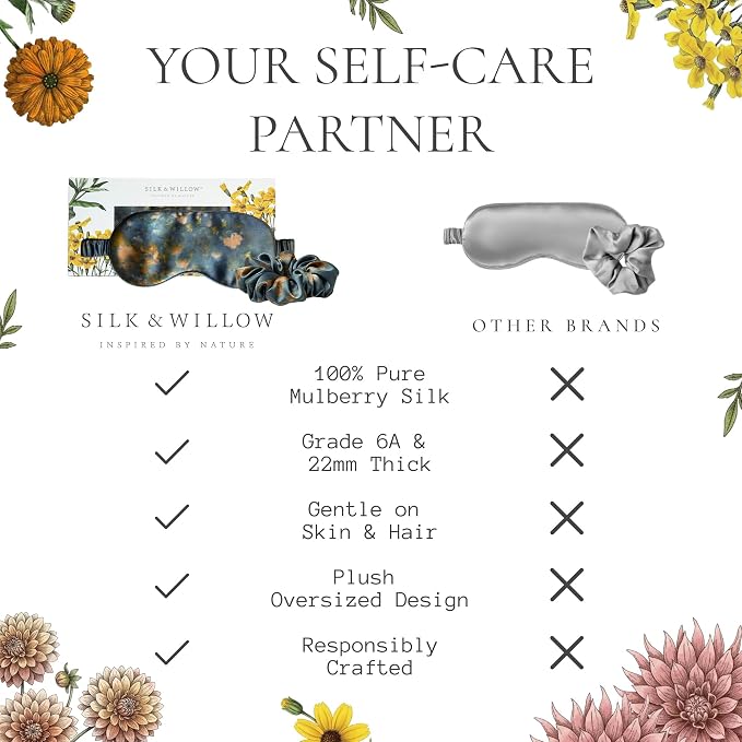 SILK & WILLOW - Botanical Print Pure Mulberry Silk Eye Mask & Scrunchie Gift Set, Luxurious Sleep Eye Mask & Hair Accessory Bundle, Durable Nature-Considerate Wellness Gifts for Women, Midnight