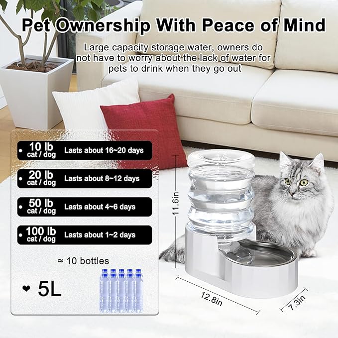 RIZZARI 5L Stainless Steel Gravity Cat Water Bowl Dispenser | BPA-Free Materials,Fresh Water Every Day,Smooth Water Flow,Detachable Components,Suitable for Indoor Use