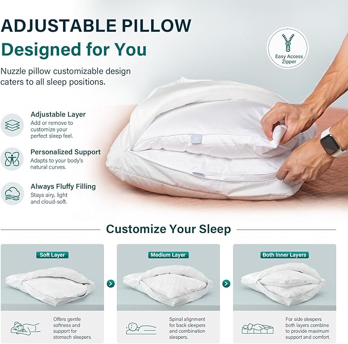 Nuzzle Pillows Standard Size Set of 2 Adjustable Firm Pillows, Luxury Hotel Collection Bed Pillows – Best Adjust Height Soft Cooling Pillows for Back, Stomach and Side Sleepers
