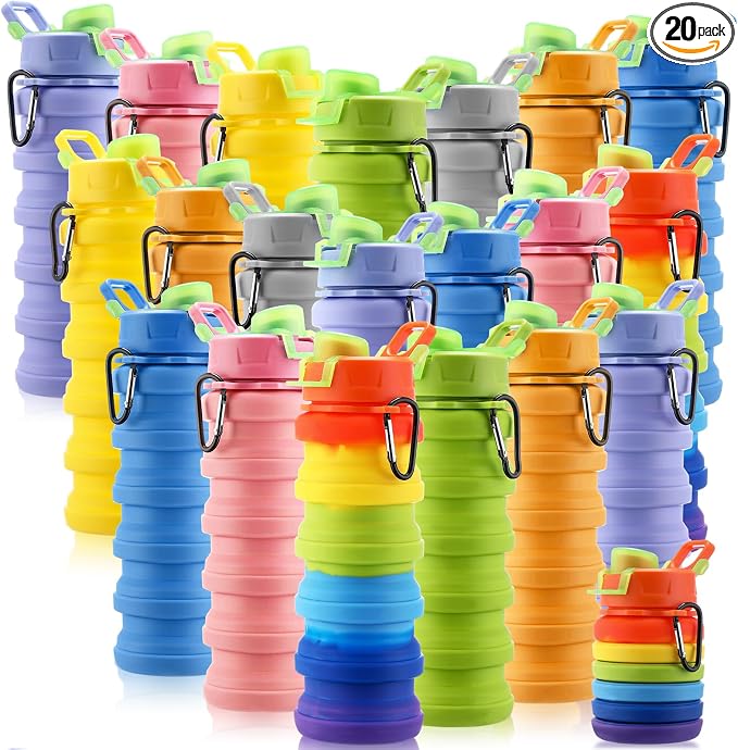 Sunnyray 20 Pack Collapsible Water Bottles Bulk Foldable Water Bottles 17oz Silicone Portable Leak Proof Reusable Sports with Clip for Travel Hiking Camping Outdoor (Colorful)