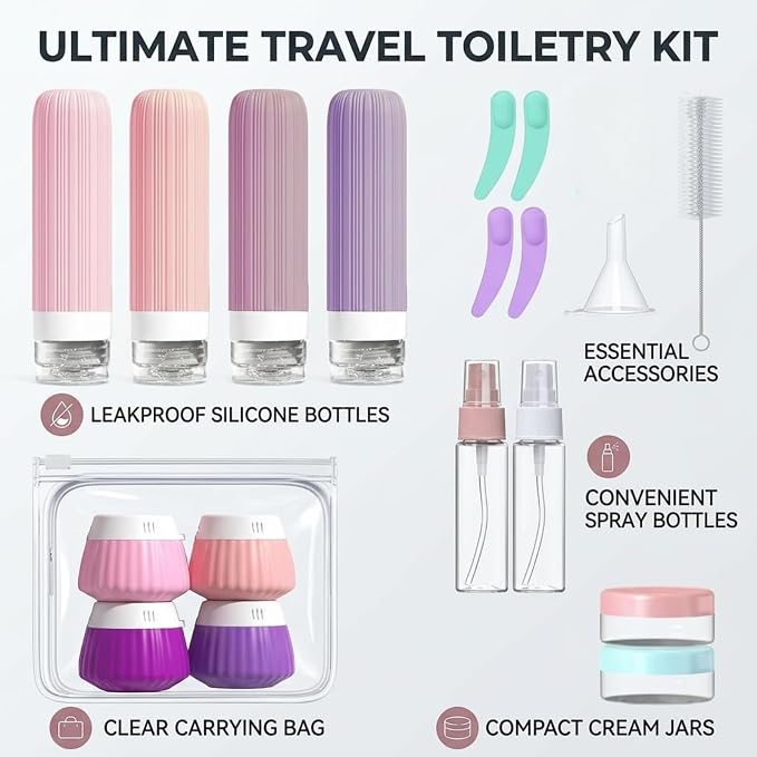 Travel Bottles Set 18 Pack, TSA Approved Leak Proof Silicone Travel Containers, Refillable Travel Size Containers for Toiletries, BPA Free, with Toiletry Bag for Shampoo Lotion Cream