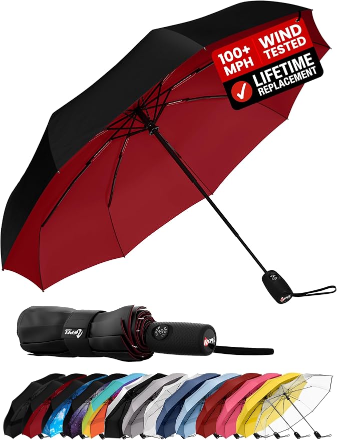 Repel Windproof Travel Umbrella - Compact & Withstands Winds up to 100MPH , Strongest Premium Auto Folding Umbrella for Rain and Sun - Durable, Light & Portable for Women & Men , Fits Backpack & Cars