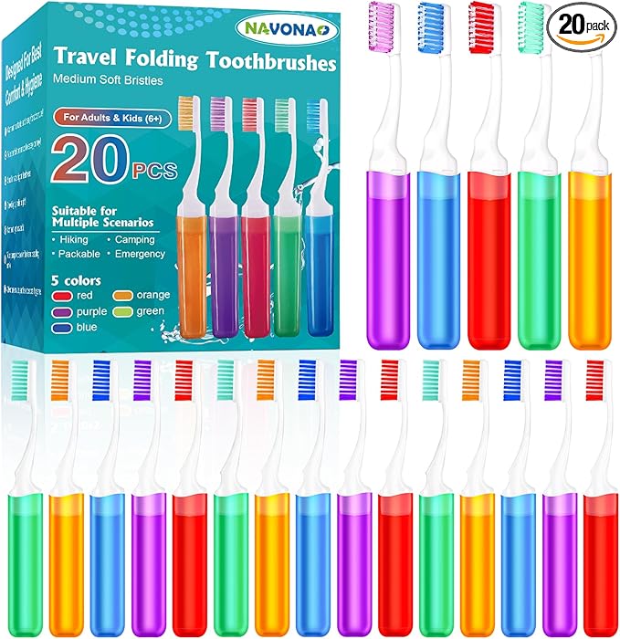 Navona 20 PCS Travel Toothbrush Set, Folding Mini Toothbrush, Potable Travel Size Toothbrushes, Medium Bristles, Individually Wrapped Bulk Toothbrushes for Camping, Hiking, School