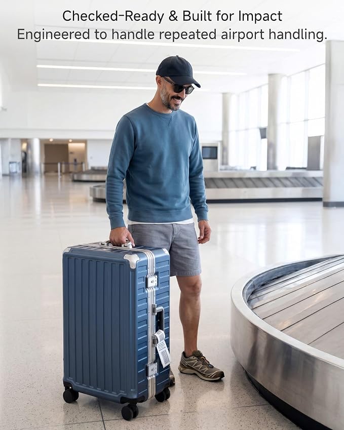 Checked Luggage with Spinner Wheels, 8010S Aluminum Frame Zipperless Polycarbonate Hard Shell Suitcase (ZX-Core, Silver, 24 Inch)