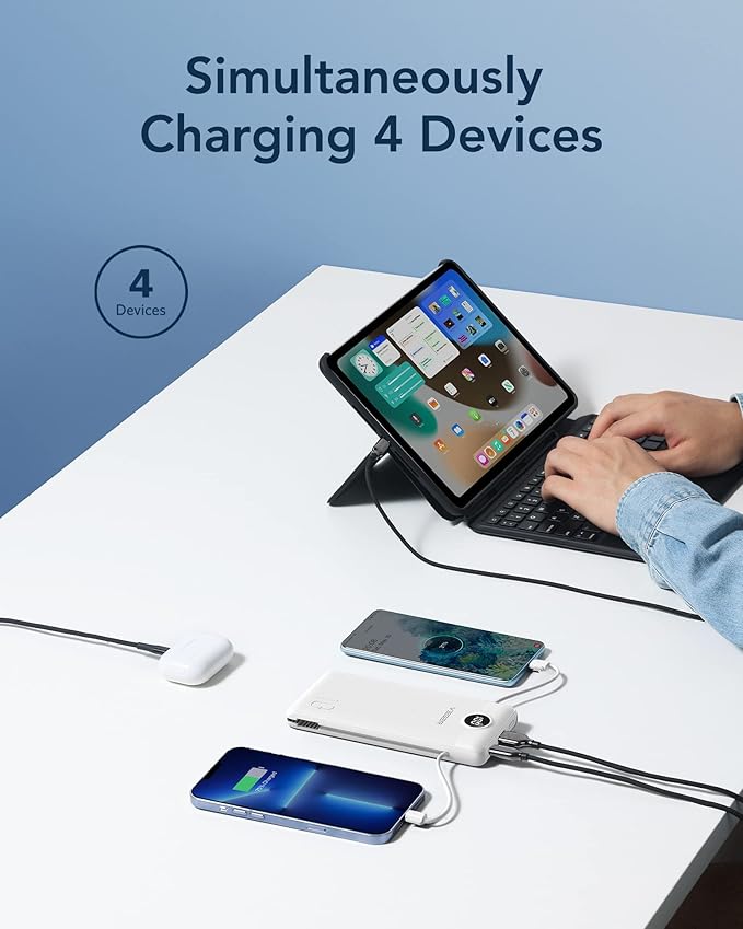 VEGER Portable Charger with Built-in AC Plug and Cables, All in One 10000mAh Ultra Slim Power Bank Travel Essentials, Fast Charging Battery Pack Compatible with iPhone, Samsung, Android, White