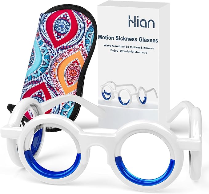 Hion Motion Sickness Glasses,Relieve Carsickness Airsickness Seasickness Glasses,Ultra-Light Portable Nausea Vertigo Glasses, No Lens Liquid Glasses for Adults or Kids(Pattern-Box)