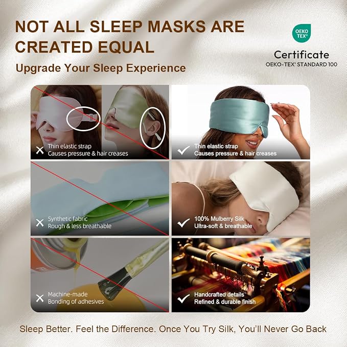 100% Pure Mulberry Silk Sleep Mask – Luxury Ultra Soft Light Blocking Eye Mask with Face-Hugging Fit & Adjustable Strap for Deep Sleep, Travel & Relaxation (Black)