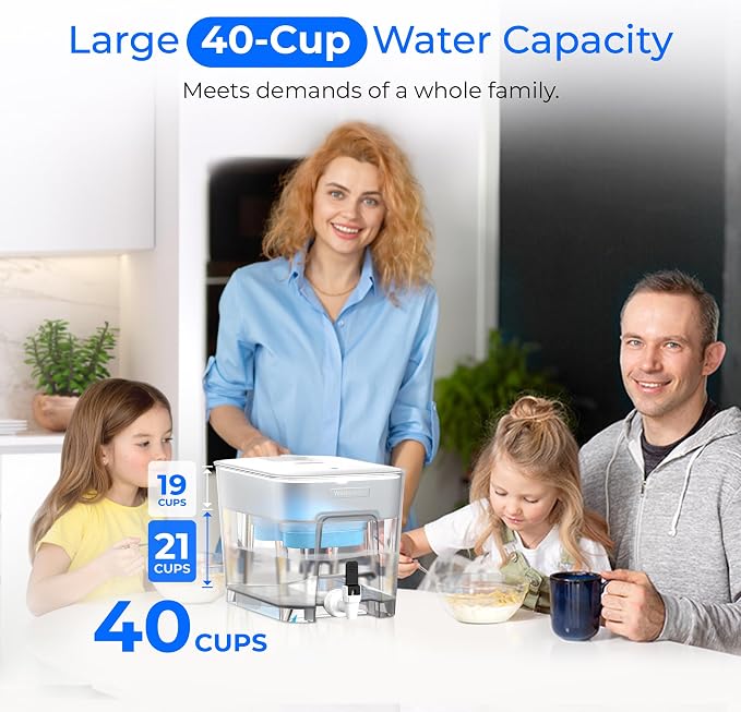 Waterdrop WFD-22W-DF-A Water Filter Dispenser, Alkaline 40-Cup Water Purifier, 2 Built-in Filters, 8X Faster Filtration, 200-Gallon Lifespan, Mineralized Alkaline Water, Reduces Chlorine, White