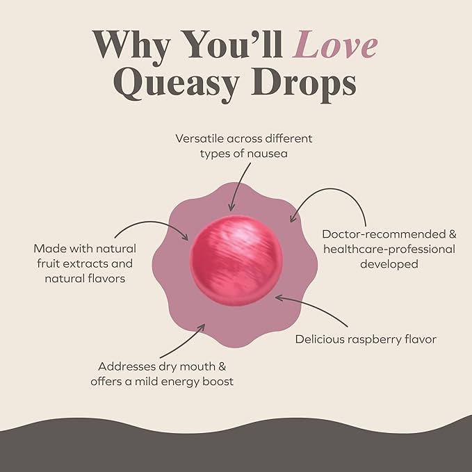 Three Lollies Queasy Drops - Natural Pink Raspberry Flavor - Relief from Chemotherapy Nausea & Travel Sickness - Alleviates a Dry Mouth - Non-Drowsy - Natural Ingredients - 100 ct