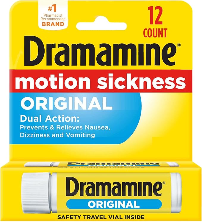 Dramamine Motion Sickness Relief Bundle with Non-Drowsy Ginger Capsules, 18 Count and Original Tablets Travel Vial, 12 Count