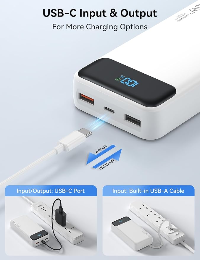 Nusyddy Portable Charger 20000mAh 22.5W w/4 Built-in Cables/6 Outputs White | High capacity, Fast Charge, LED Display, Pass Through Charging, Charge 6 Devices at once, TSA Approved, Fits iPhone, Samsung