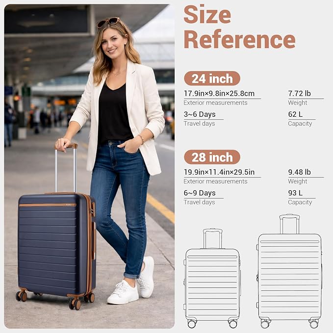 Kono 28 Inch Large Suitcase, Expandable for Long Trips, Impact-Resistant ABS+PC & Silent Wheels, Navy