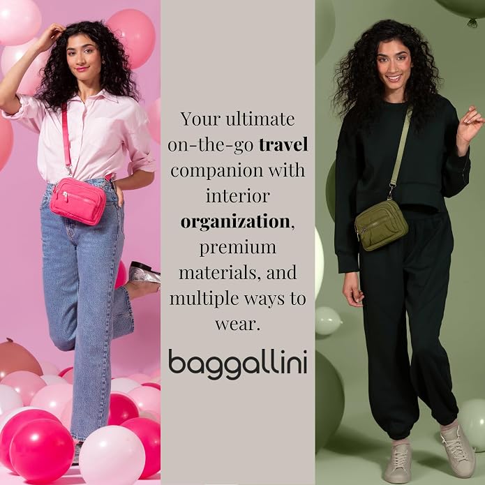 Baggallini Triple Zip Small Crossbody Bag for Women - Lightweight Convertible Fanny Pack Belt Bag