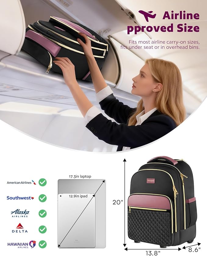 Arcoyard Rolling Backpack for Women, 17 Inch Laptop Backpack With Wheels for Adults, Large Water Resistant Wheeled Carry On Luggage Roller Bag, Flight Approved for Work, Travel, College, Black Purple