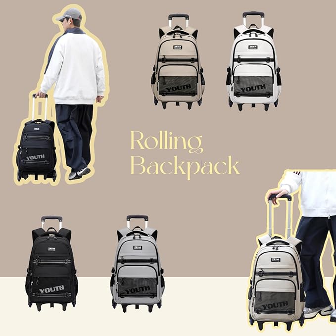 EKUIZAI Kids Rolling Wheeled Backpack for Boys Girls Roller Middle School Backpack with Wheels Rolling Bookbag Trolley Bag for Kids，6 Wheels White