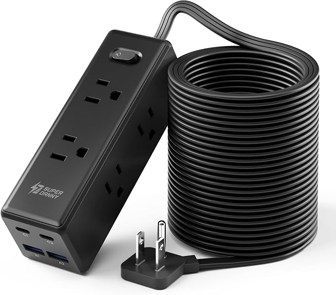 25 Ft Extension Cord with Multiple Outlets, Long Extension with 6 Outlets 4 USB Ports(2 USB C), Flat Plug Surge Protector Power Strip for Home, Office Supplies, Dorm Essentials, Black