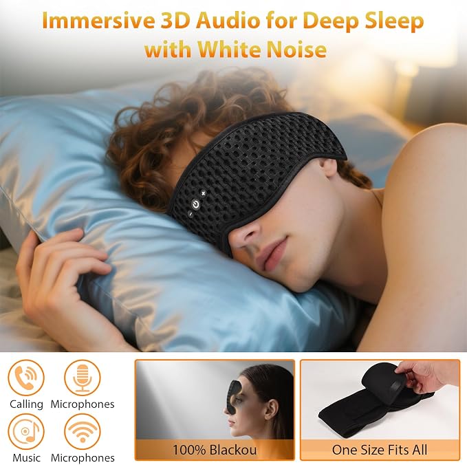 Bluetooth Sleep Mask Sleep Headphones Integrated Adjustable Size Eye Mask | Stereo Speakers, Detachable & Washable 3D Contoured Eye Mask, Perfect for Men/Women/Teens Sleeping Gifts