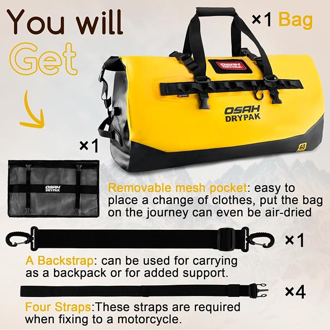 OSAH DRYPAK Waterproof Duffel Bag 25L/40L/60L – Heavy-Duty Motorcycle Tail Bag, Roll-Top Dry Bag for Travel, Camping, Boating, Kayaking, Outdoor Adventure