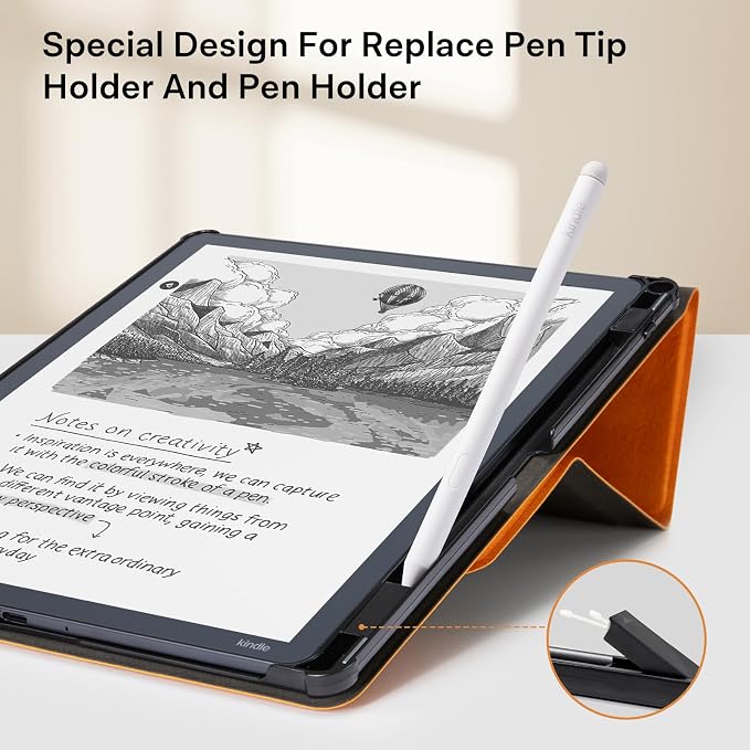 CoBak Case for 11" Kindle Scribe 3rd Generation 2025, Kindle Scribe Colorsoft with Two Viewing Angles - All New PU Leather Cover with Auto Sleep Wake, Pen Holder. Orange Crossgrain