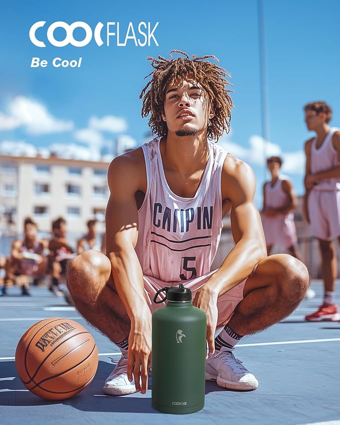Coolflask 128 oz Gallon Water Bottle Insulated with Straw&3 Lids, Water Jug Large Stainless Steel Metal Vacuum Wide Mouth for Sports, Gym or Office, Non-BPA Keep Cold 48H Hot 24H, Dark Green