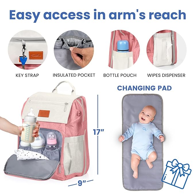 PILLANI Baby Diaper Bag Backpack - Toddler Backpack - Baby Bag for Girls & Boys, Large Waterproof Diaper Backpack - Diaper Bags with Changing Pad, Best Baby Shower Gifts - Stylish Pink Cute Diaper Bag