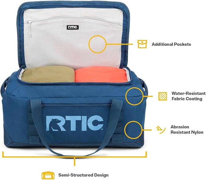 RTIC Road Trip Duffle Bag for Men and Women, Traveling Tote for Camp, Travel, Gym, Weekender, Camping, Overnight, Carry On, Sports, Spacious, Water Resistant, Medium, Navy & Denim