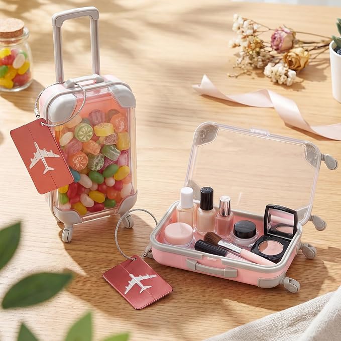 Teecyhooo 12 Pcs Mini Suitcase Party Favor Boxes and 12 Pcs Metal Luggage Tags with Card, Clear Mini Luggage Gift Boxes for Girls Wedding Travel Birthdays Bachelorette (6.69 x 3.74 x 1.97 Inch,Pink)