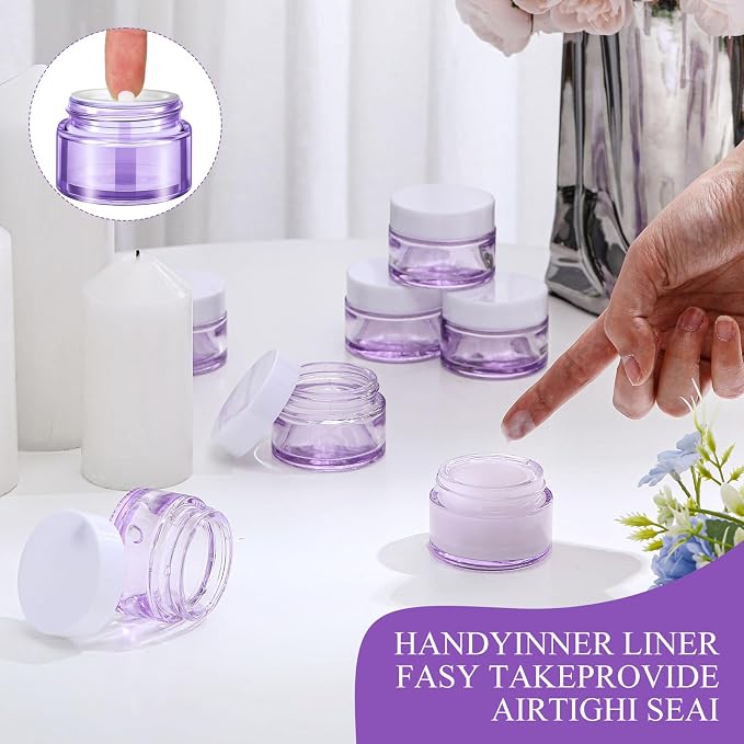 Domensi 60 Pcs 1oz Glass Jars with Lids Bulk Small Glass Salve Tins Cream Container Cosmetic Jars for Travel Balm with Inner Liners for Sample Cream (Light Purple,White Lids,Plastic Lid)