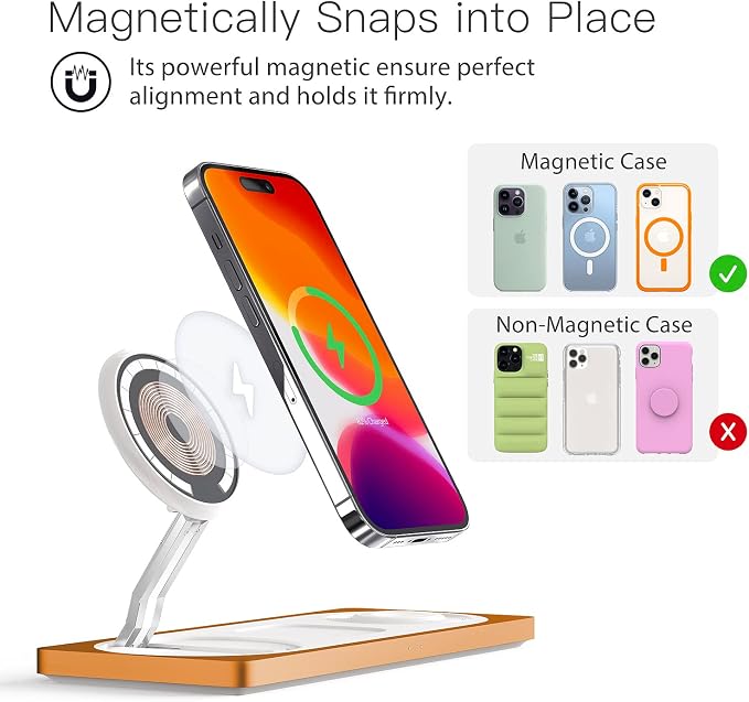 PETINO 3 in 1 Wireless Charging Station for Apple Devices with MagSafe | For iPhone 17/Air/16/15/14/13/12, AirPods & Apple Watch, Foldable Portable Aluminum Charging Stand, Adapter Included