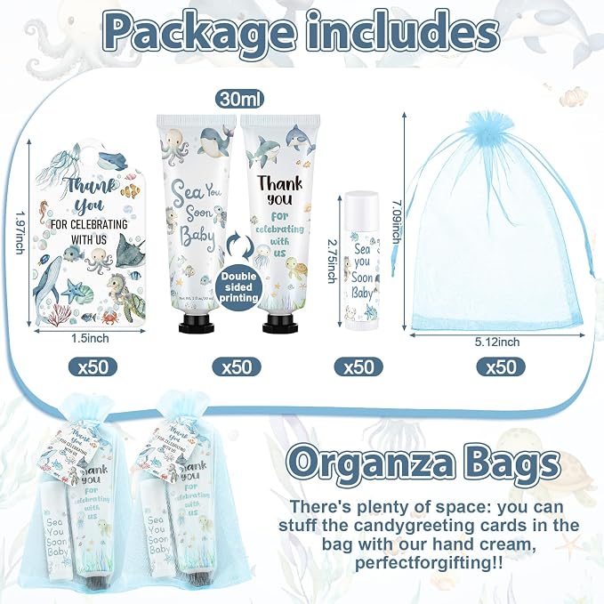 Loopeer 50 Set / 200 Pcs Sea You Soon Baby Shower Favor Bulk Hand Cream Lip Balm Gifts for Guests with Thank Cards Organza Bag Thank You for Celebrating with Us Ocean Animal