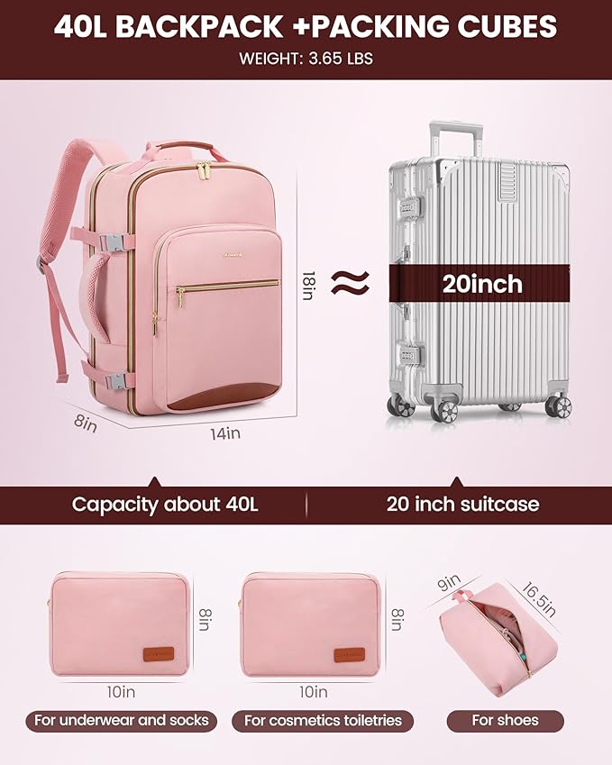 LOVEVOOK 40L Travel Backpack Flight Approved Carry on Backpack,3 Packing Cubes,Waterproof Personal Item Travel Bag,TSA Carry on Luggage Suitcase Travel Essentials,Gifts for Women & Men,fits 17" Laptop