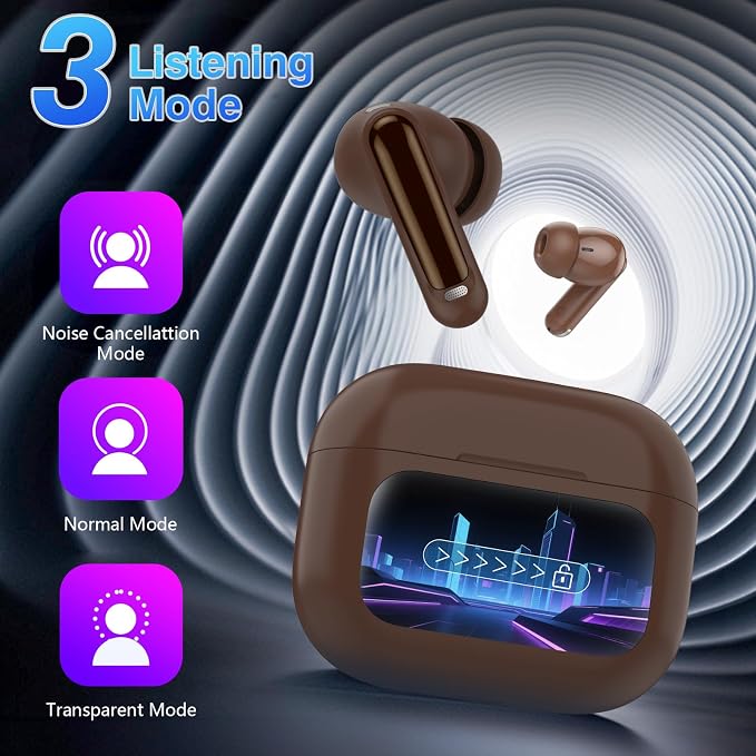 Thunelec Wireless Earbuds with Touch Screen, 2026 New Bluetooth 5.4 Headphones with ANC/ENC Mic, 50H HiFi Stereo Ear Buds with 5 EQ Modes, Transparency Mode, IPX7 Earphones for Running, Brown