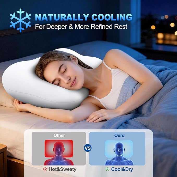 Cervical Neck Pillow – Cooling for Side Sleepers, Adults & Neck Pain | Ideal Gift – Ergo Memory Foam Bed Pillow, Hypoallergenic CertiPUR-US Oeko-TEX. For Sleep Apnea, Back, Stomach & Snoring