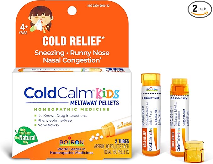 Boiron ColdCalm Kids Pellets for Relief of Common Cold Symptoms Such as Sneezing, Runny Nose, Sore Throat, and Nasal Congestion - 2 Count (160 Pellets)