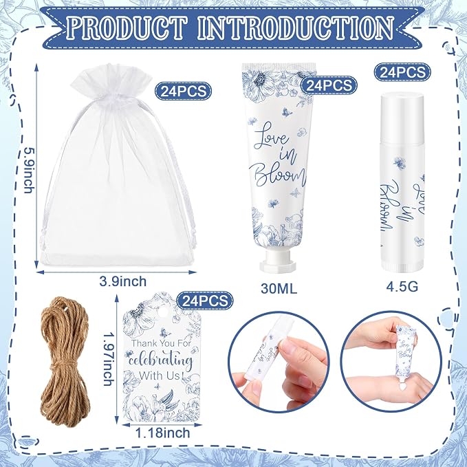 24 Sets Blue Floral Love Is in Blooming Hand Cream and Lip Balm Gift Love Is in Blooming Bridal Shower Favors for Guest Travel Size Hand Lotion and Lip Balm Bulk Bridal Shower Birthday Party Supplies