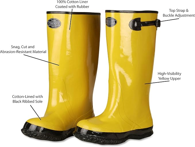 Cordova BYS17 Hi-Vis Cotton-Lined Rubber Slush Boots, 17-Inch Length, Ozone Resistant, Adjustable Top Strap, Size 11