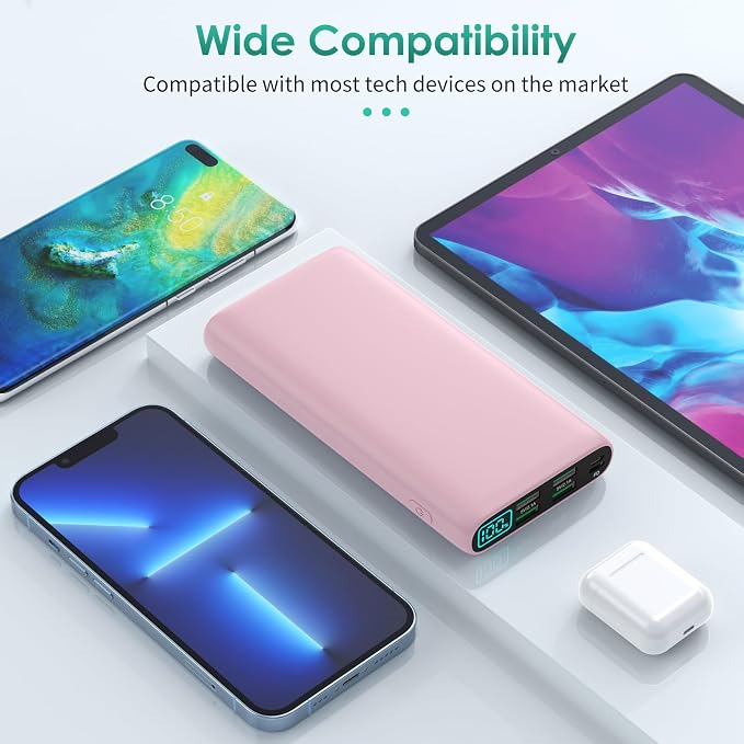 Portable Charger 38800mAh,LCD Display Power Bank,5 USB Outputs Battery Pack Backup, USB-C 3A in&out Travel Essential Portable Phone Charger For iPhone 17/16/15/14/13 Pro/12,Android Samsung Galaxy-Pink