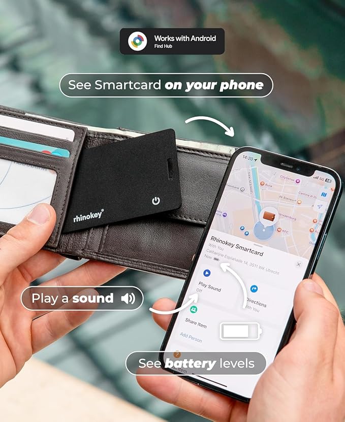 Rhinokey® Wallet Tracker Card (Android Only) 0.07in Slim Rechargeable Smart Tracking Card Works with Google's Find Hub IP68 Item Finder with Key Chain Hole for Luggage Tags (4 Pack - Android)