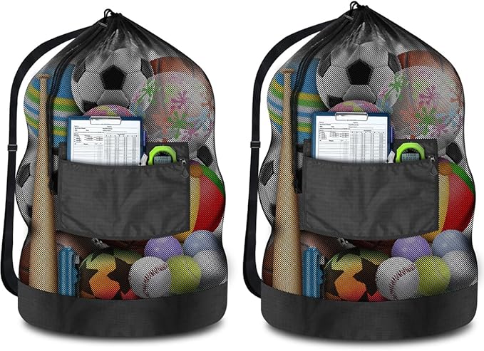 BROTOU Heavy Duty Soccer Ball Net Bag(100L Extra Large Capacity 10-12Balls), Drawstring Mesh Ball Bag with Zipper Pocket, Sports Equipment Storage Organizer Hold for Gym, Beach, Cloth, Swimming Gears