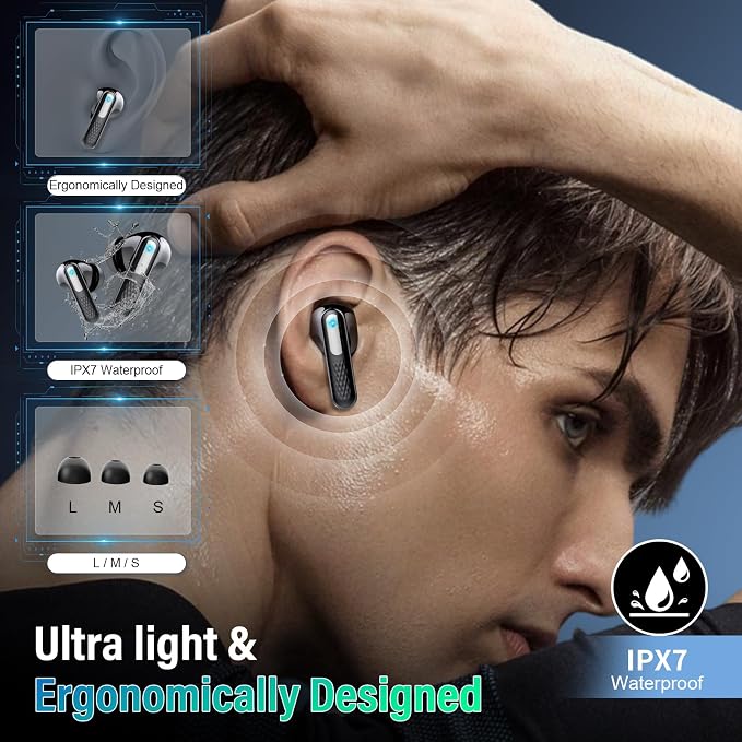 Wireless Earbuds with Touch Screen, Bluetooth 5.4 Headphones, ANC/ENC Noise Cancelling, 48H HiFi Stereo Bluetooth Ear Buds with 5 EQ Modes, Transparency Mode, IPX7 Earphones, Black
