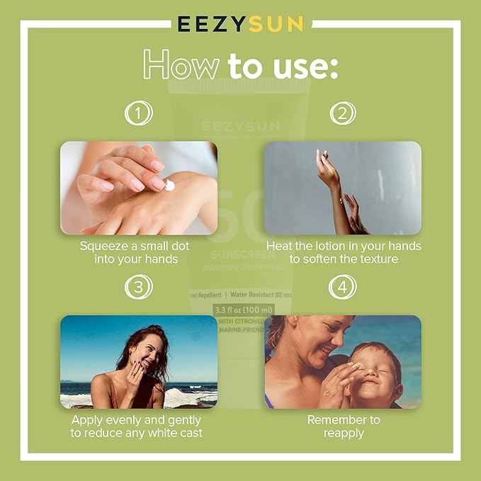 EEZYSUN Sunscreen SPF50 with Insect Repellent - Water-Resistant Sunscreen Bug Repellent Combo with Citronella Oil, Lemongrass, Neem Oil - Vacation, Beach Essentials, Face & Body Sun Care - 3.3 fl oz