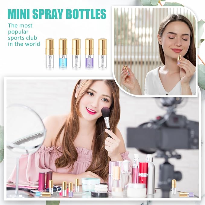 Zhehao 10 Pcs Mini Spray Bottles 2 ml Clear Glass Perfume Bottles Refillable Fine Mist Perfume Atomizer Portable Empty Sample Containers for Cleaning, Essential Oils, Travel (Gold Cap)