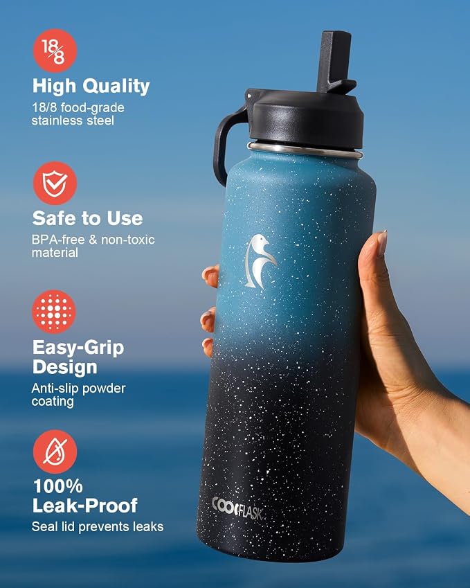 Coolflask Water Bottle 40 oz Insulated with Straw, Stainless Steel Metal 3 Lids Water Flask for Sports or Office, Keep Cold 48H Hot 24H, Turquoise