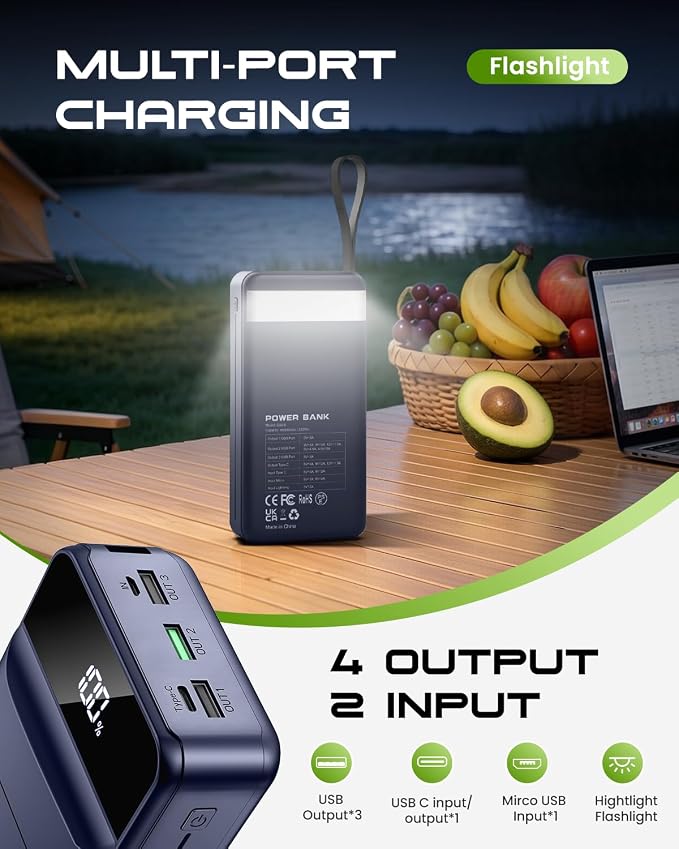 Nuxgal Power 60000mAh high-Capacity Fast-Charging Power Bank, Multiple Output Ports, Digital Battery Level Display, Multi-Functional Outdoor Camping Power Bank, Compatible with Multiple Devices