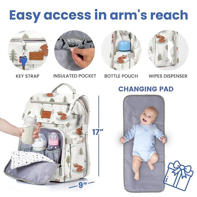 PILLANI Baby Diaper Bag Backpack - Baby Bag for Boys & Girls, Toddler Backpack, Large Capacity Travel Diaper Bags w/Changing Pad, Waterproof Diaper Backpack - Best Shower Gifts for Boys - Baby Stuff