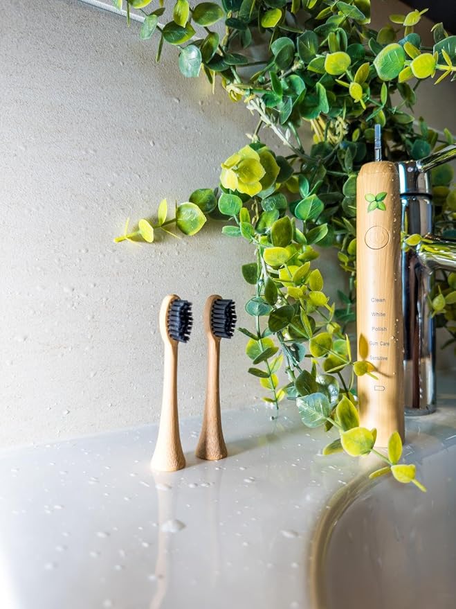 Rechargeable Bamboo Electric Tooth Brush, Brush with 3 Replacement Heads and Storage Case, Portable Oral Care, Durable Electric Design with Travel-Friendly Protective Holder