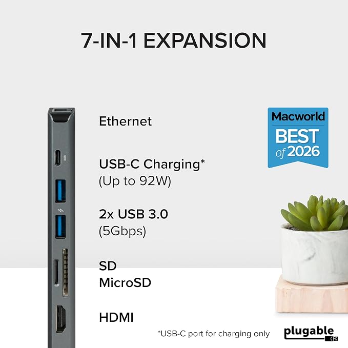 Plugable 7-in-1 USB C Hub Driverless Multiport Adapter with Ethernet, Single 4K60Hz HDMI, 100W Pass-Through Charging, 2X USB 3.0, SD/microSD, for USB-C, USB4, Thunderbolt, Mac, Windows, Chromebook